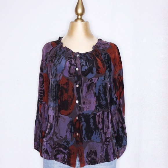 Anthropologie TRINITY tops, bohemian Tie Dye blouse, 100% Silk in Purple,  Small - Picture 2 of 10